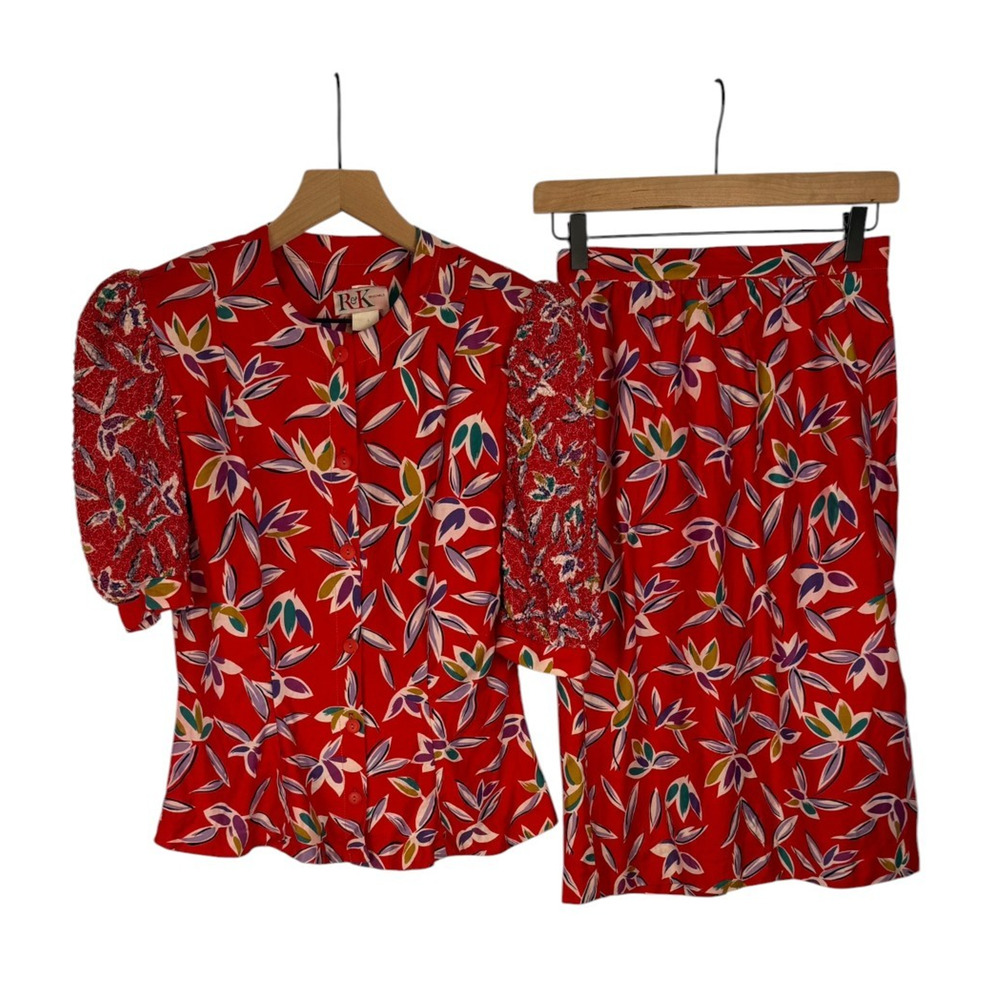 Vintage R&K Originals 2 Pc Blouse and Skirt Set Red Vtg Size 8 Top and 6 Skirt